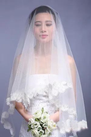 Simple Style Cathedral Long Wedding Veil with Flower Edge