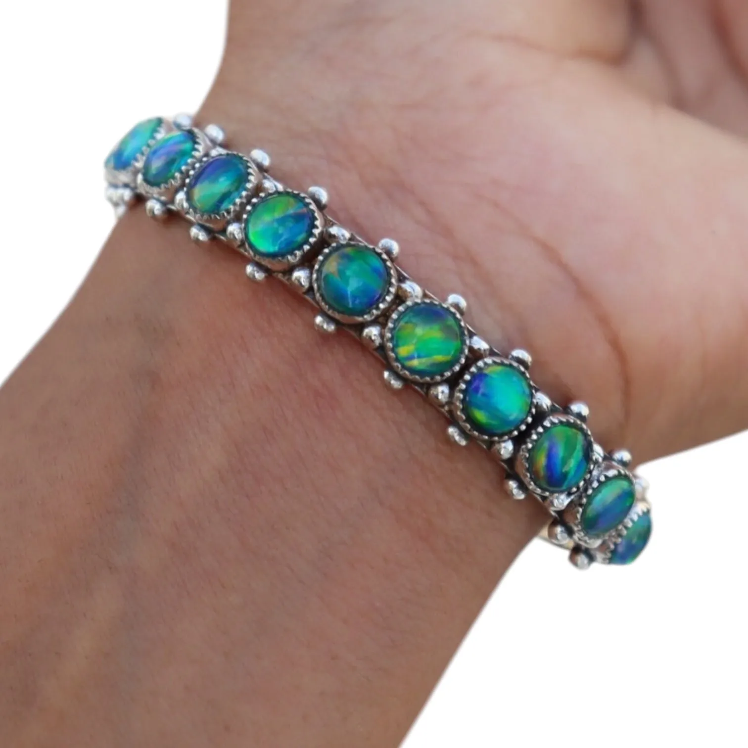 Small Aurora Opal Solid 925 Sterling Silver Cuff Bangle Bracelet