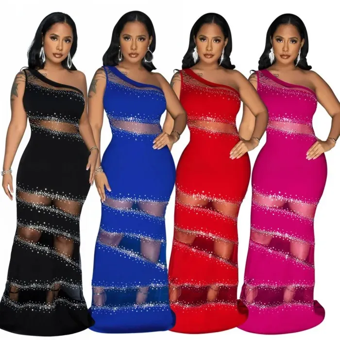 Splicing Mesh Hot Diamond Solid Color Dress