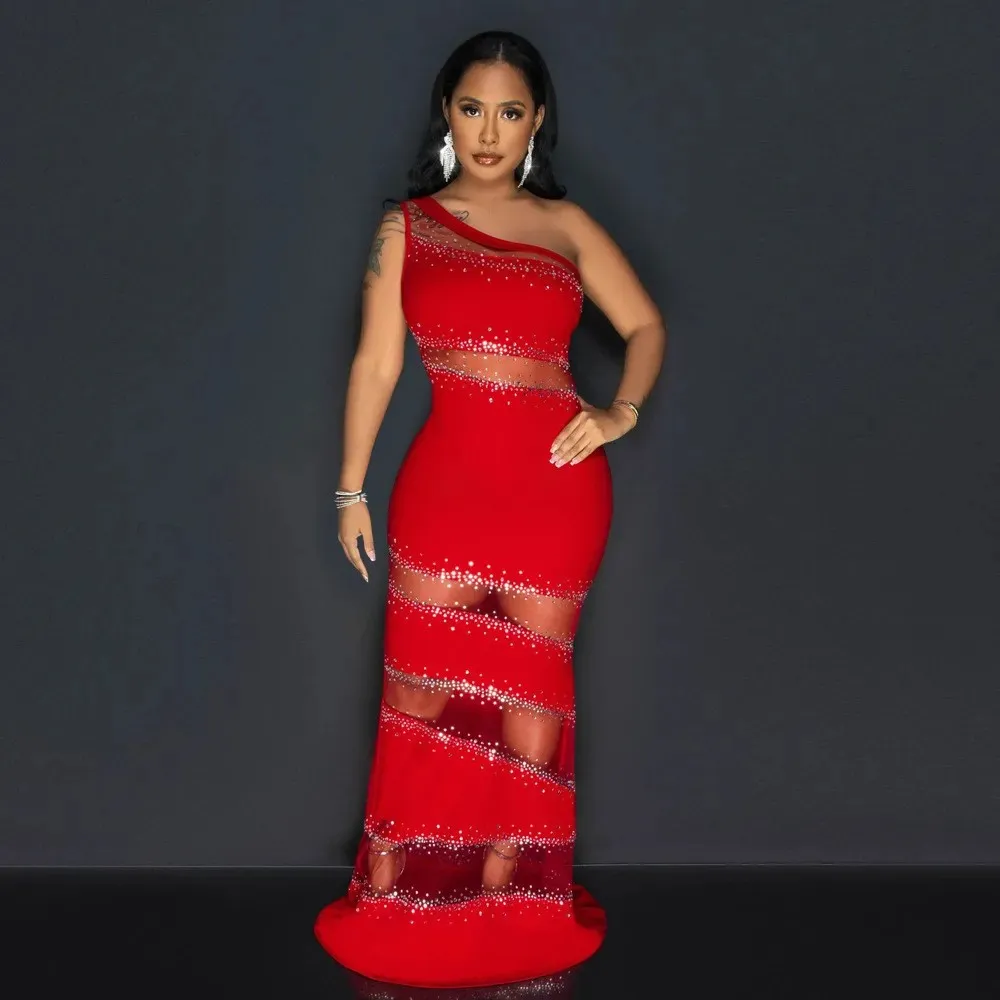 Splicing Mesh Hot Diamond Solid Color Dress