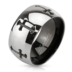 Stainless Steel 2 Tone Inner Black IP Band Ring With Grooved Crosses