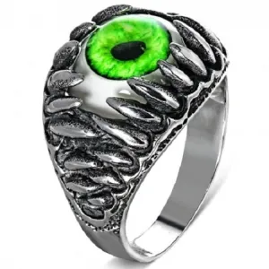 Stainless Steel 316L 2-Tone Green Eyeball Shark Tooth Ring