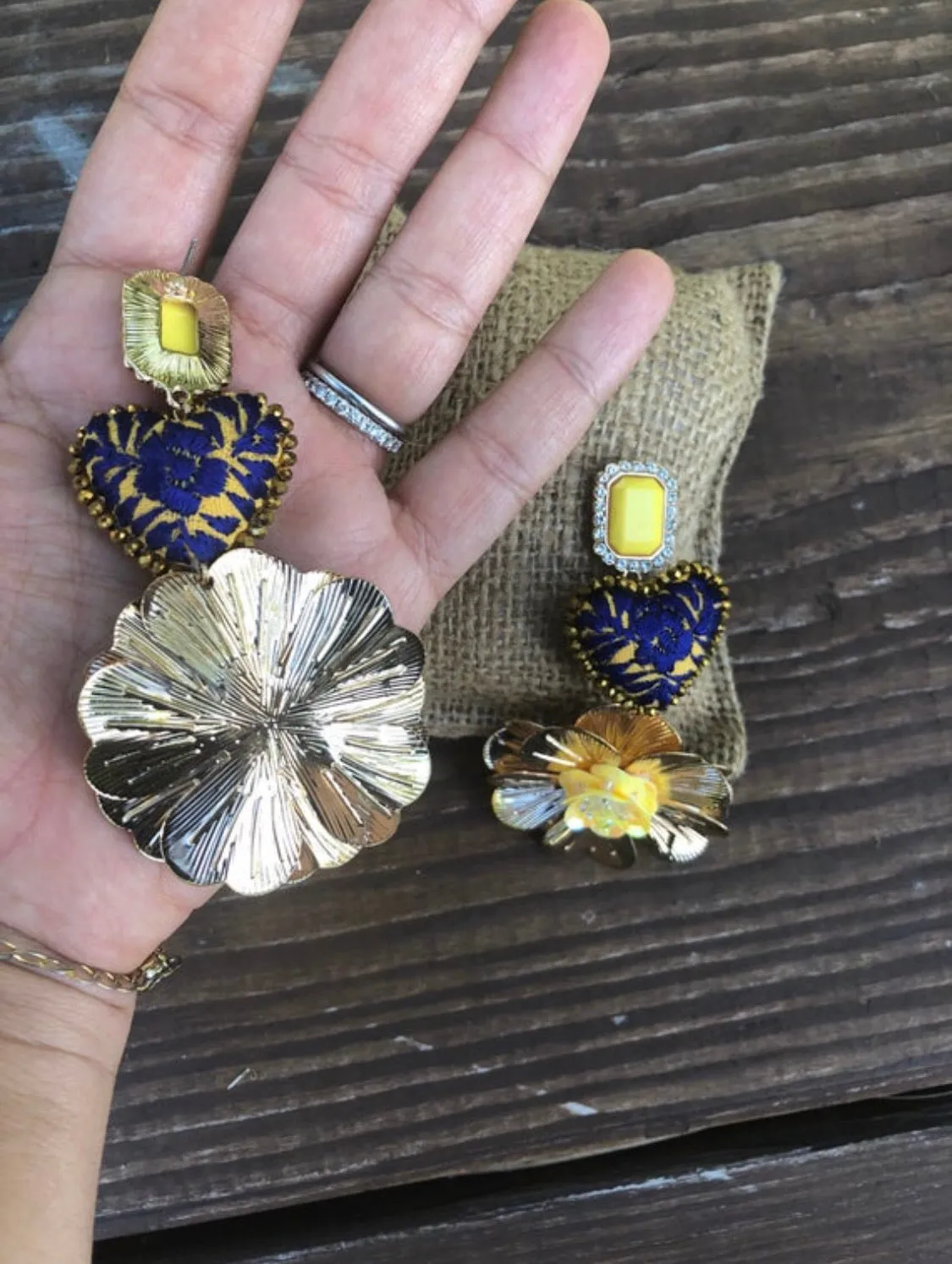 Statement Yellow and Blue Heart Earrings