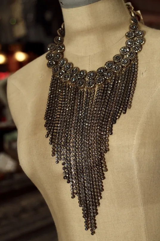 Swarovski Black Diamond Antique Gold Fringe Choker Necklace