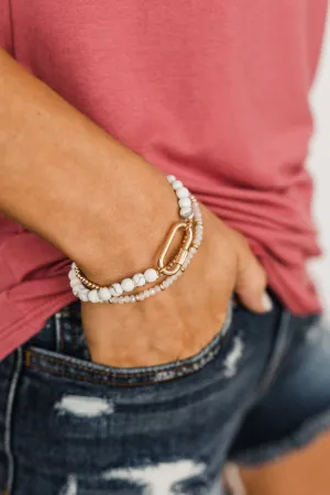 Sweet & Simple Beaded Bracelet Set- Gold & Ivory