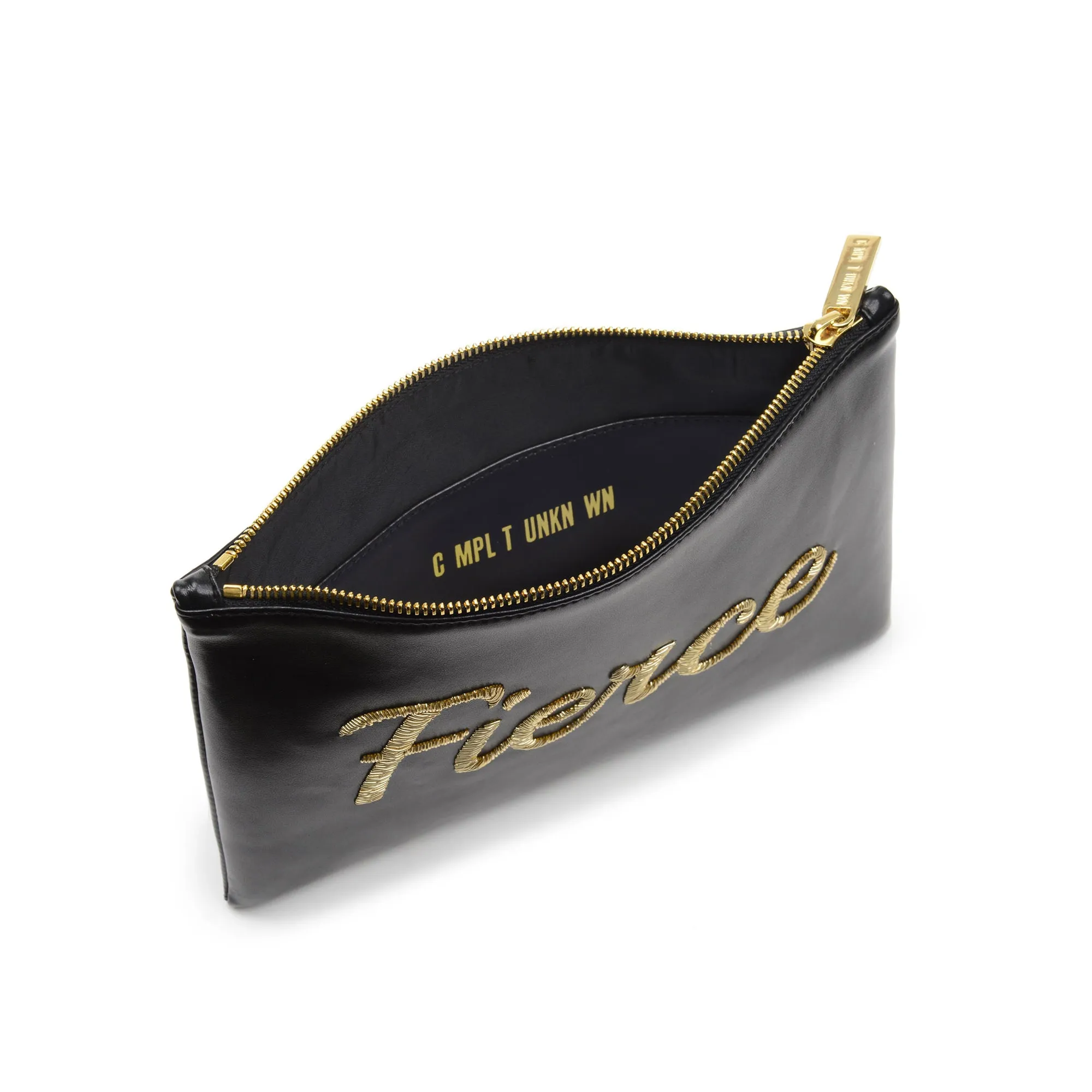 TEXT EMBROIDERED CLUTCH BAG