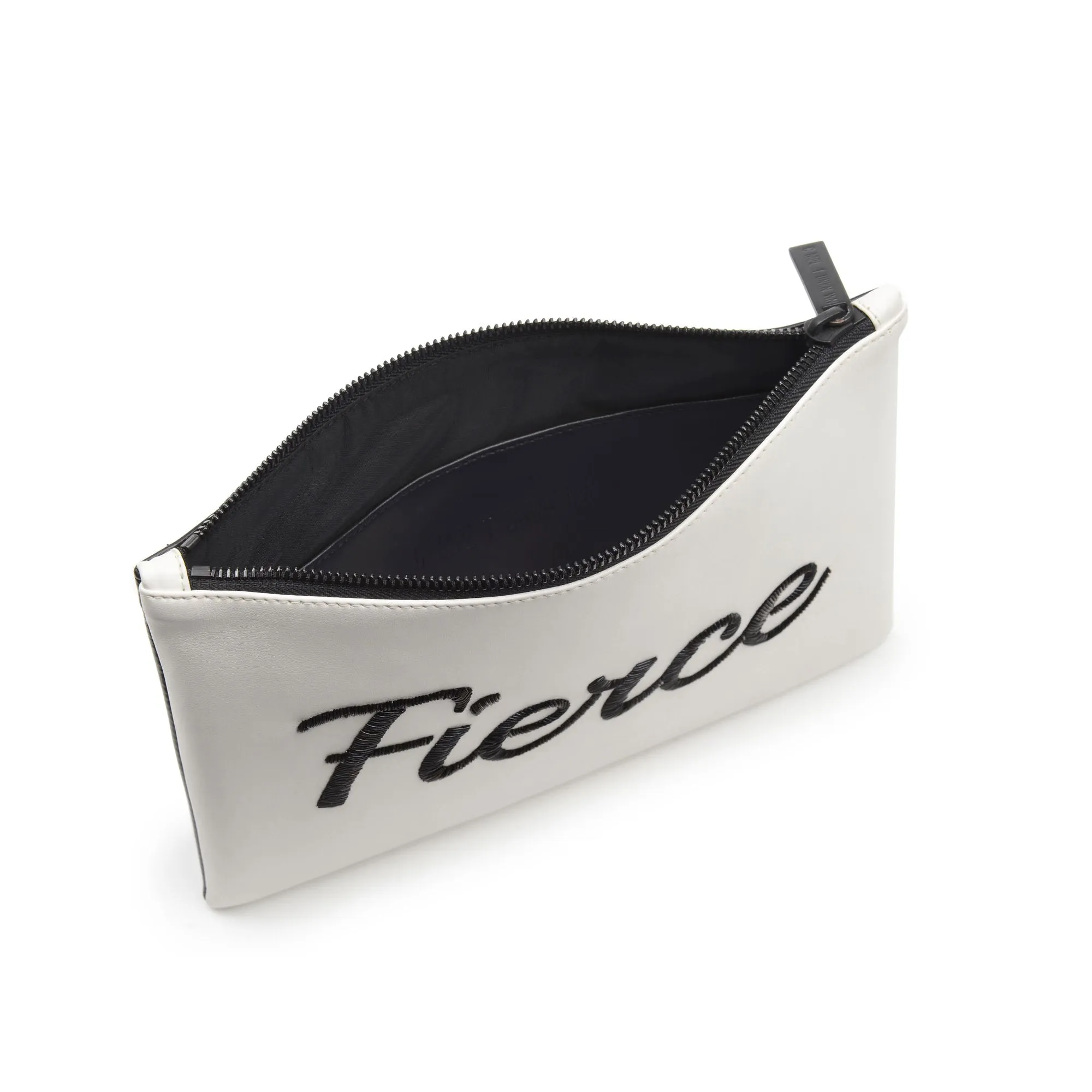 TEXT EMBROIDERED CLUTCH BAG