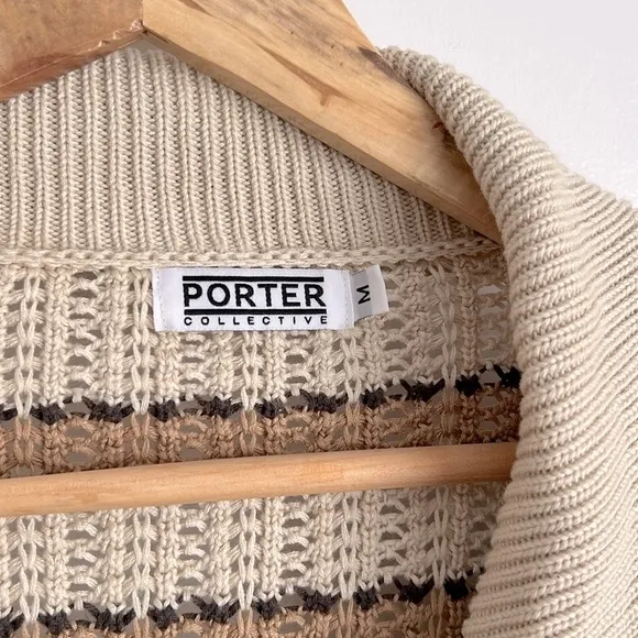 The Porter Collective Stripe Knit Button Down Cardigan Sweater Brown Tan M