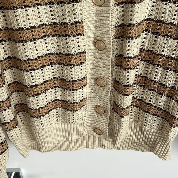 The Porter Collective Stripe Knit Button Down Cardigan Sweater Brown Tan M