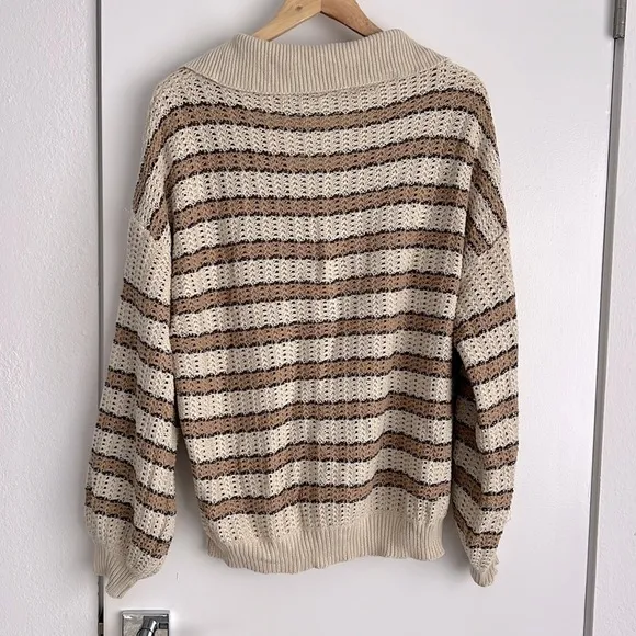 The Porter Collective Stripe Knit Button Down Cardigan Sweater Brown Tan M