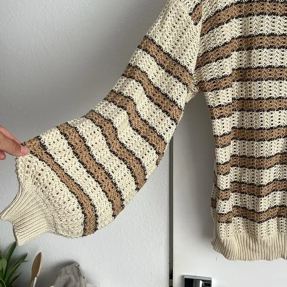 The Porter Collective Stripe Knit Button Down Cardigan Sweater Brown Tan M