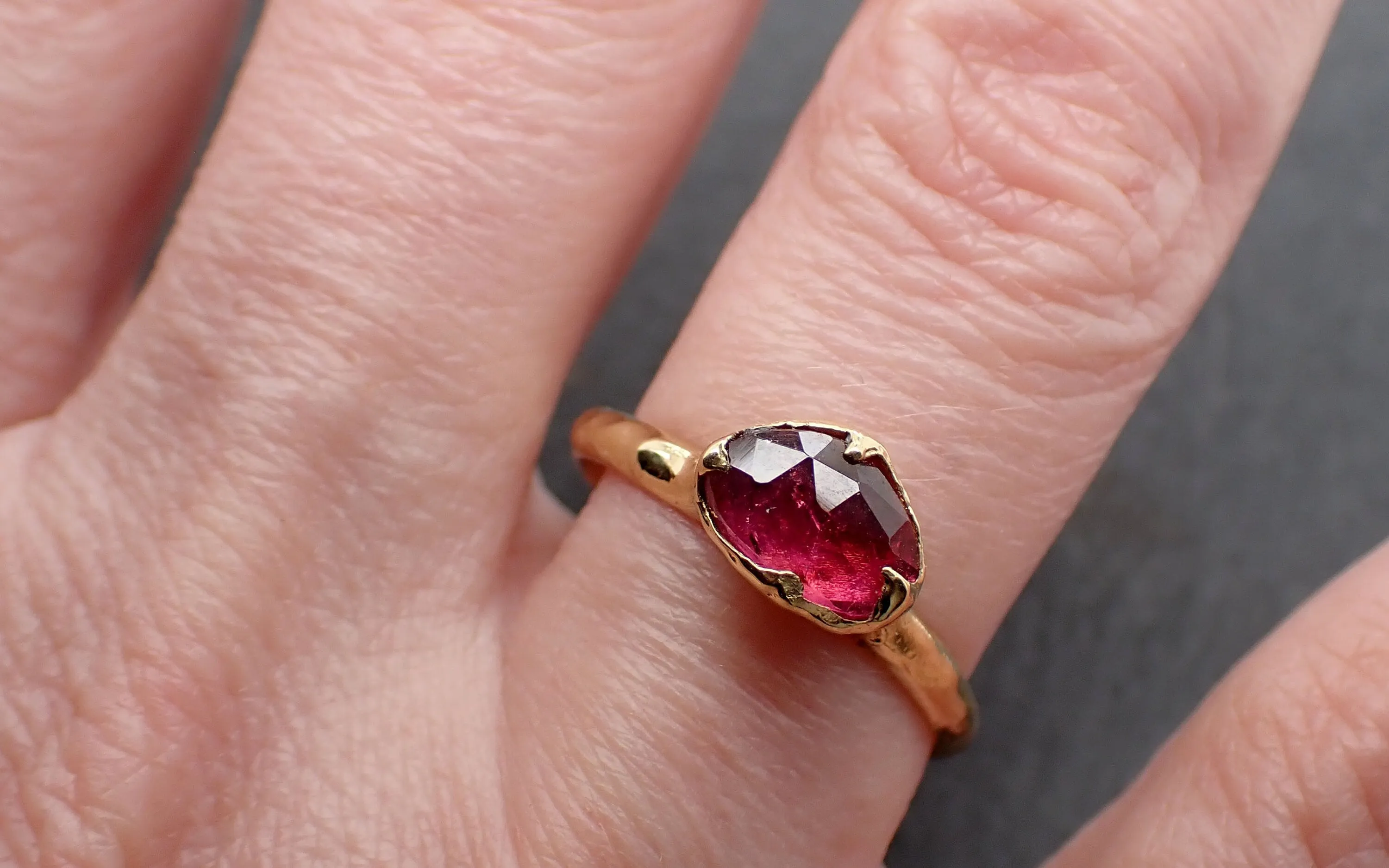 Tourmaline Yellow 18k Gold Ring Fancy cut red Gemstone Solitaire recycled statement cocktail statement 3458