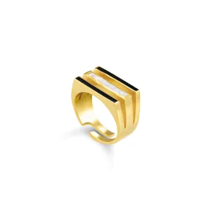 Triple Enamel Line Cube Ring - Gold Black