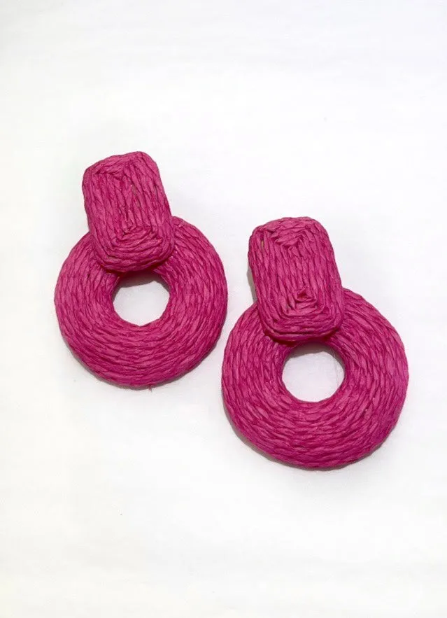 Tropical Composure Raffia Fuchsia Statement Earrings