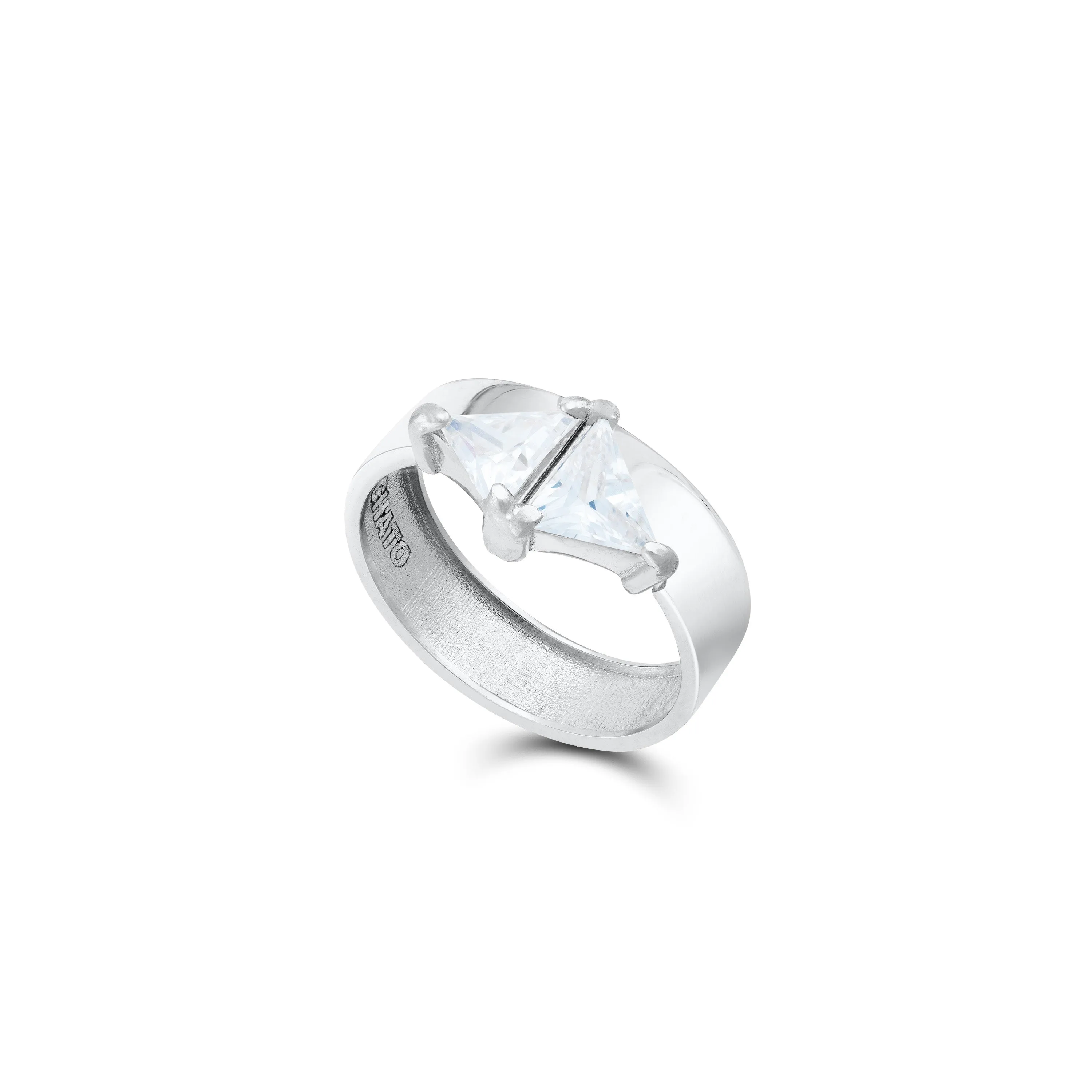 Two Opposite Triangle Band Ring - Silver White