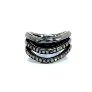 Two Rows Pave Diamond Wavy Silver Ring