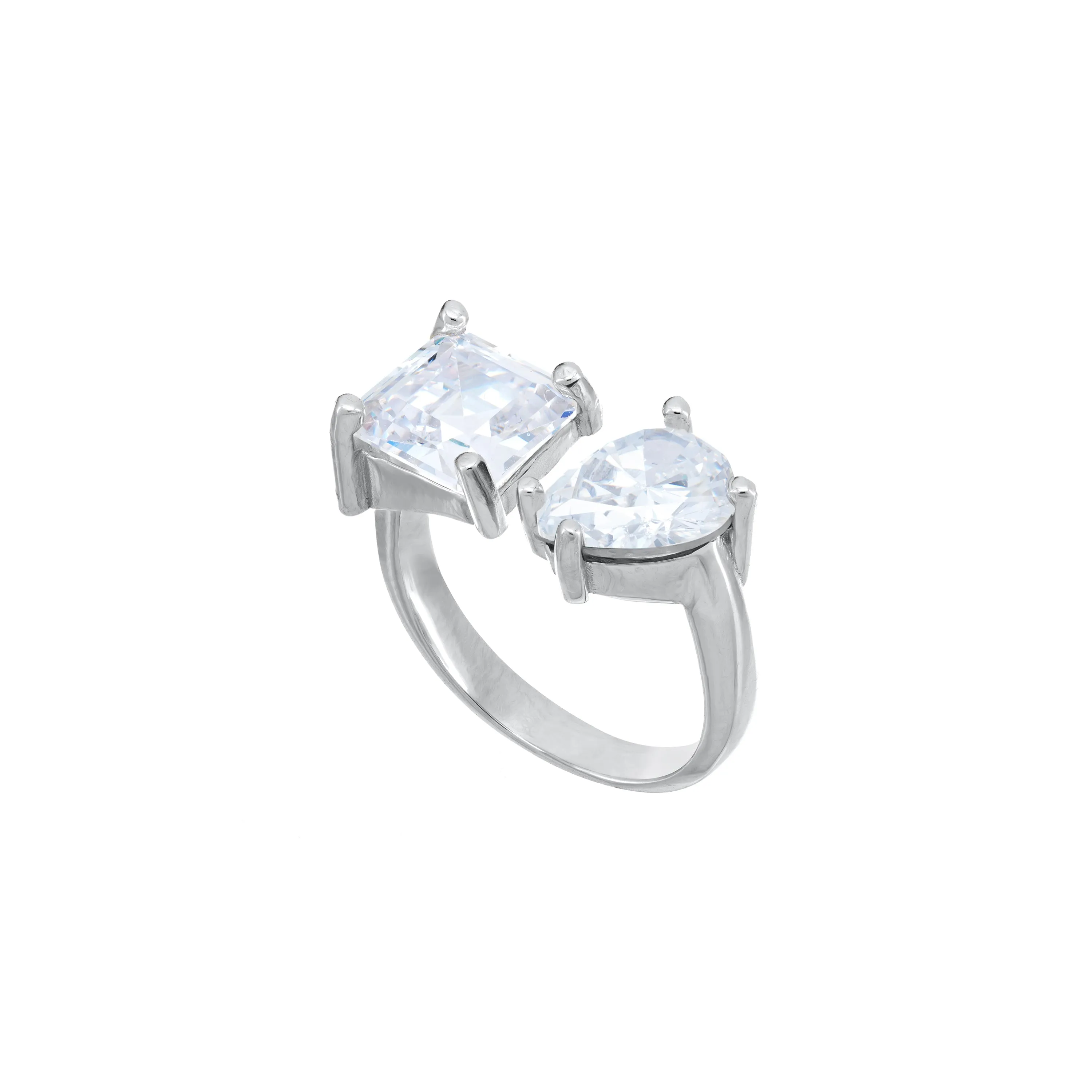 Two Stone Open Ring - Silver White - Teardrop And Square