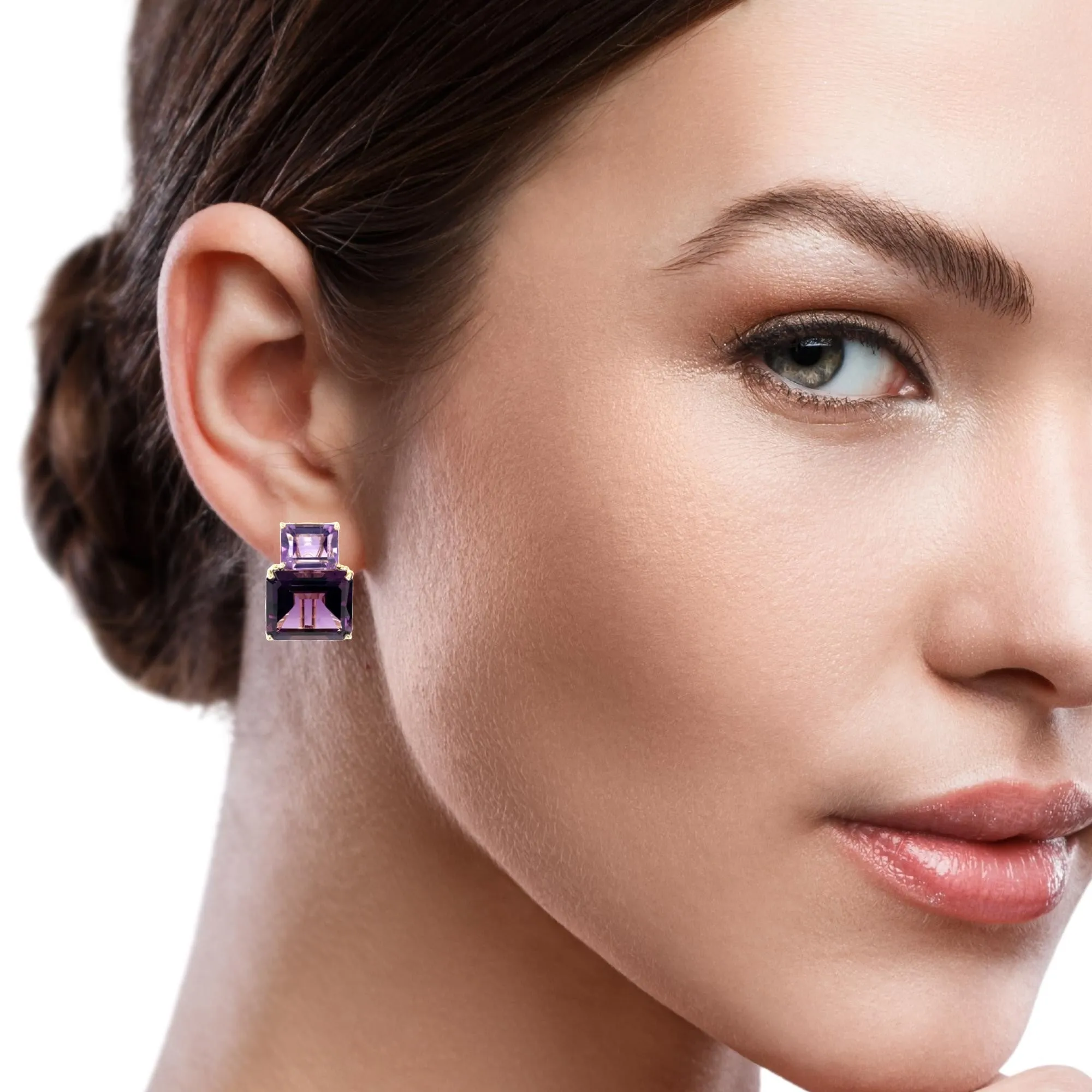 Two-toned Amethyst and 18k Yellow Gold French Clip Earrings, 24.62 Carats Total