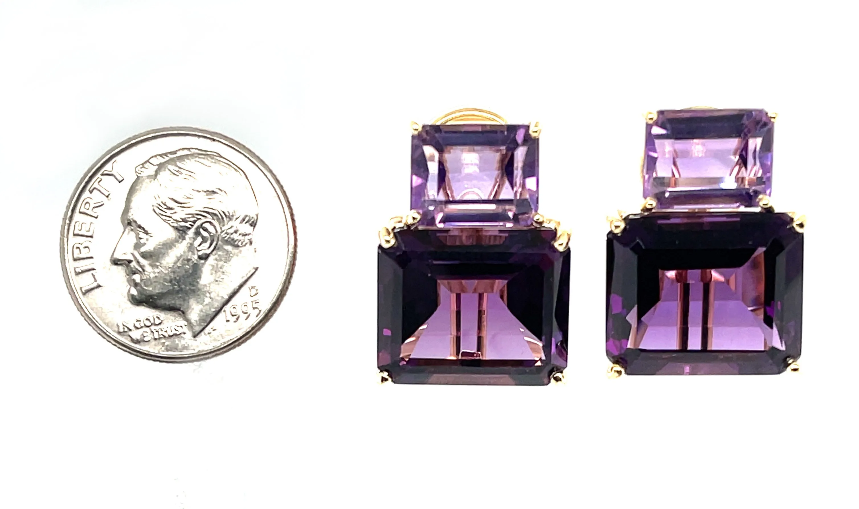Two-toned Amethyst and 18k Yellow Gold French Clip Earrings, 24.62 Carats Total
