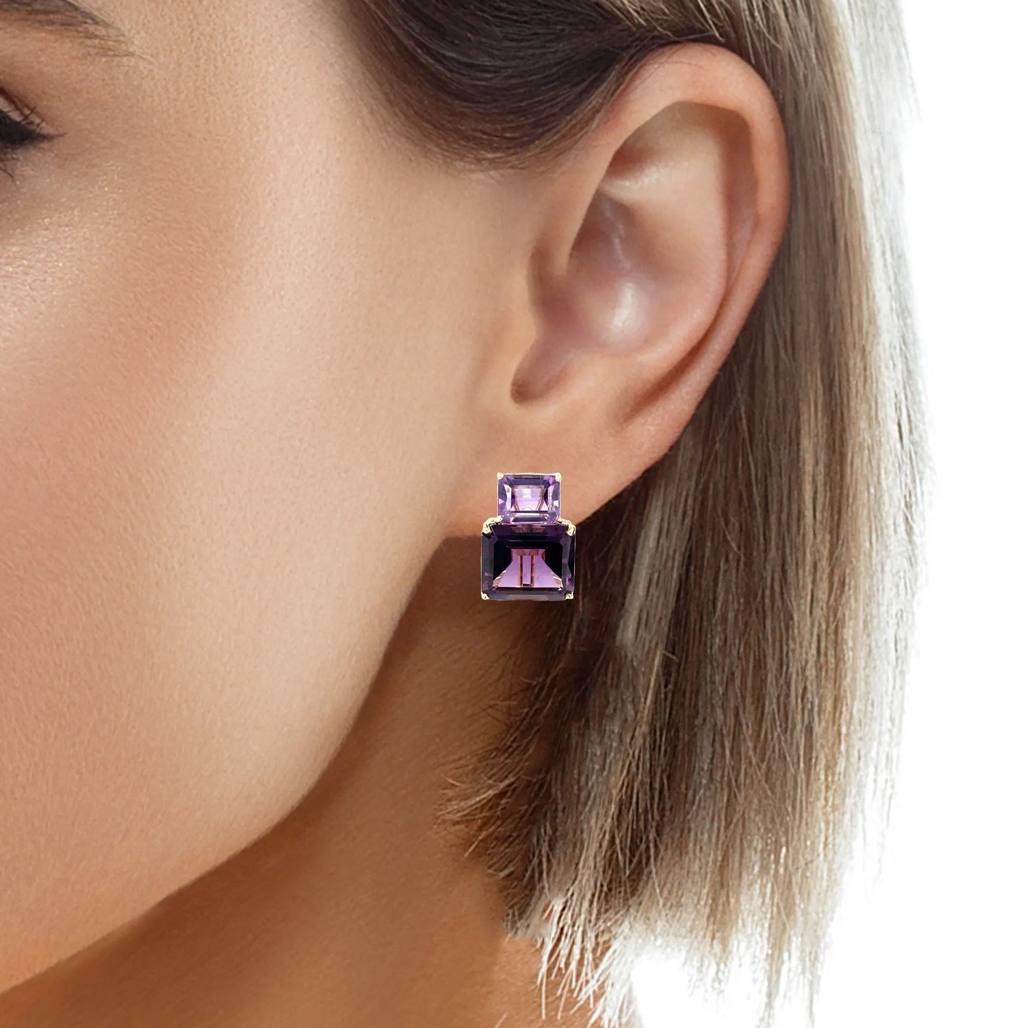 Two-toned Amethyst and 18k Yellow Gold French Clip Earrings, 24.62 Carats Total