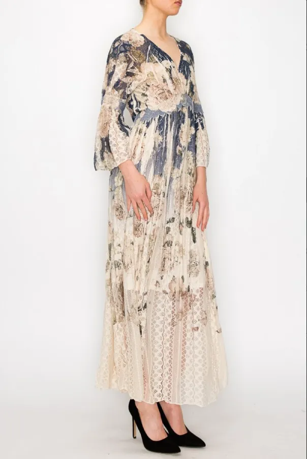 Vintage Style Blue and Beige Floral Dress in Lace