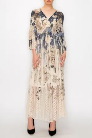 Vintage Style Blue and Beige Floral Dress in Lace