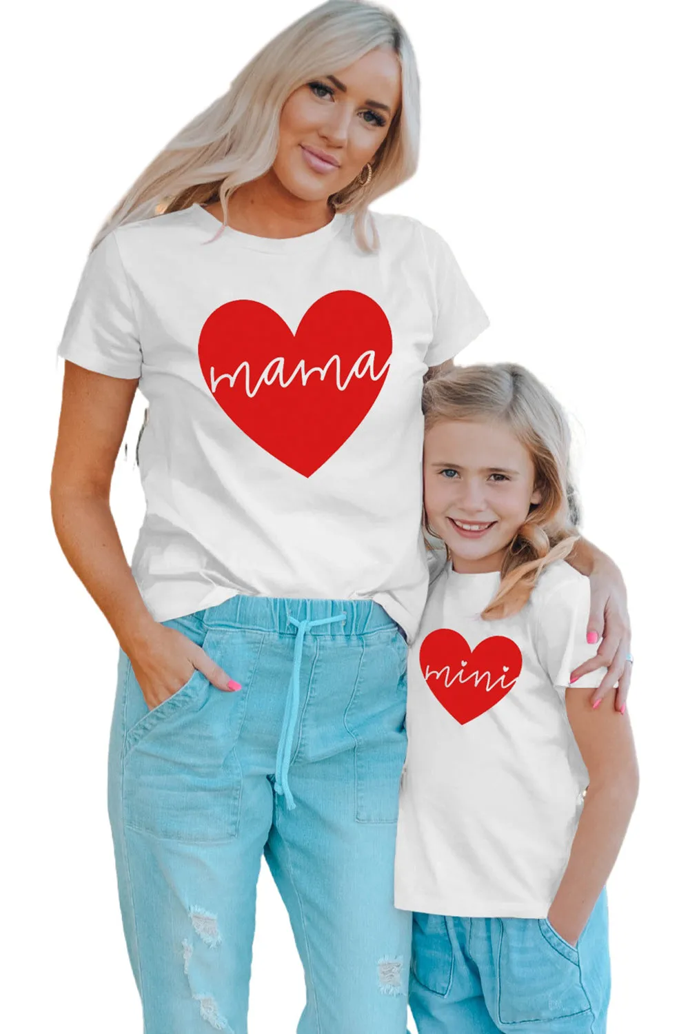 White Mama Red Heart Print Family Matching T Shirt
