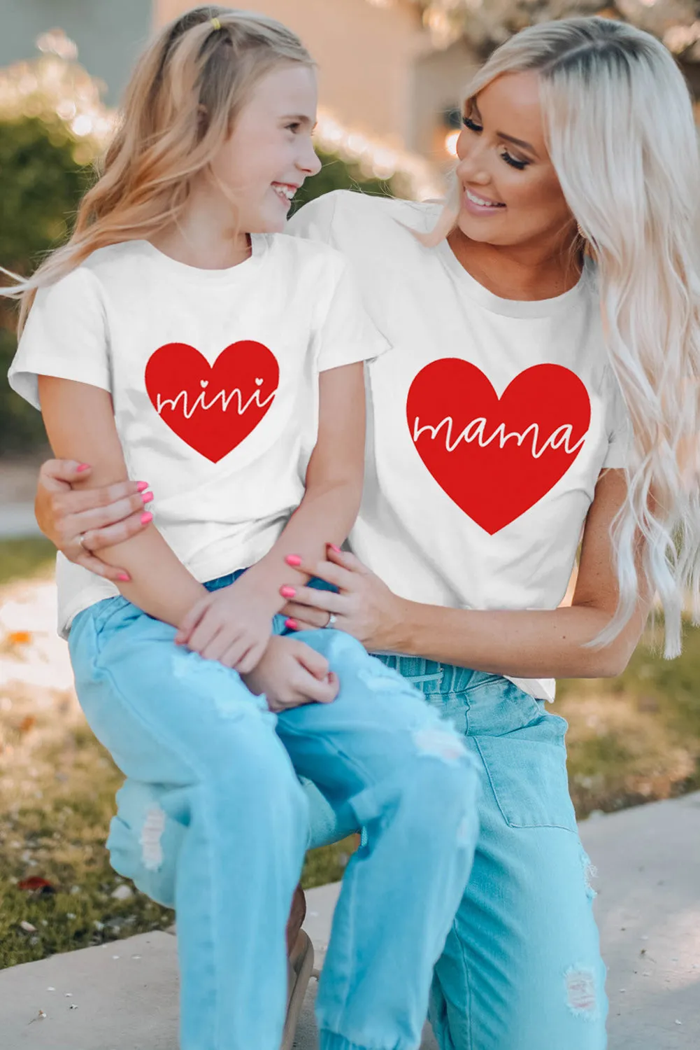 White Mama Red Heart Print Family Matching T Shirt