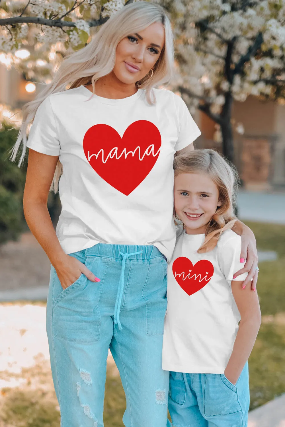 White Mama Red Heart Print Family Matching T Shirt