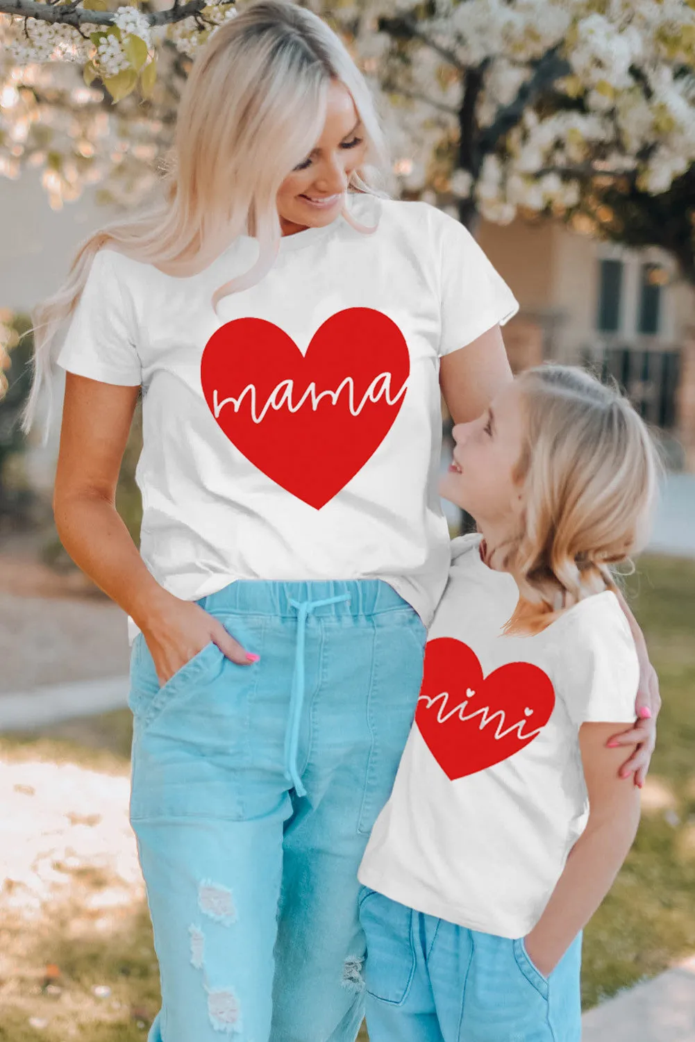 White Mama Red Heart Print Family Matching T Shirt