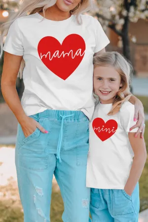 White Mama Red Heart Print Family Matching T Shirt