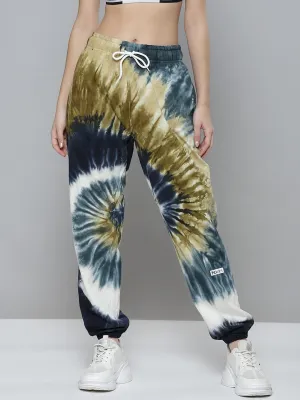 Women Navy Blue & Olive Green Tie & Dye Relaxed Joggers