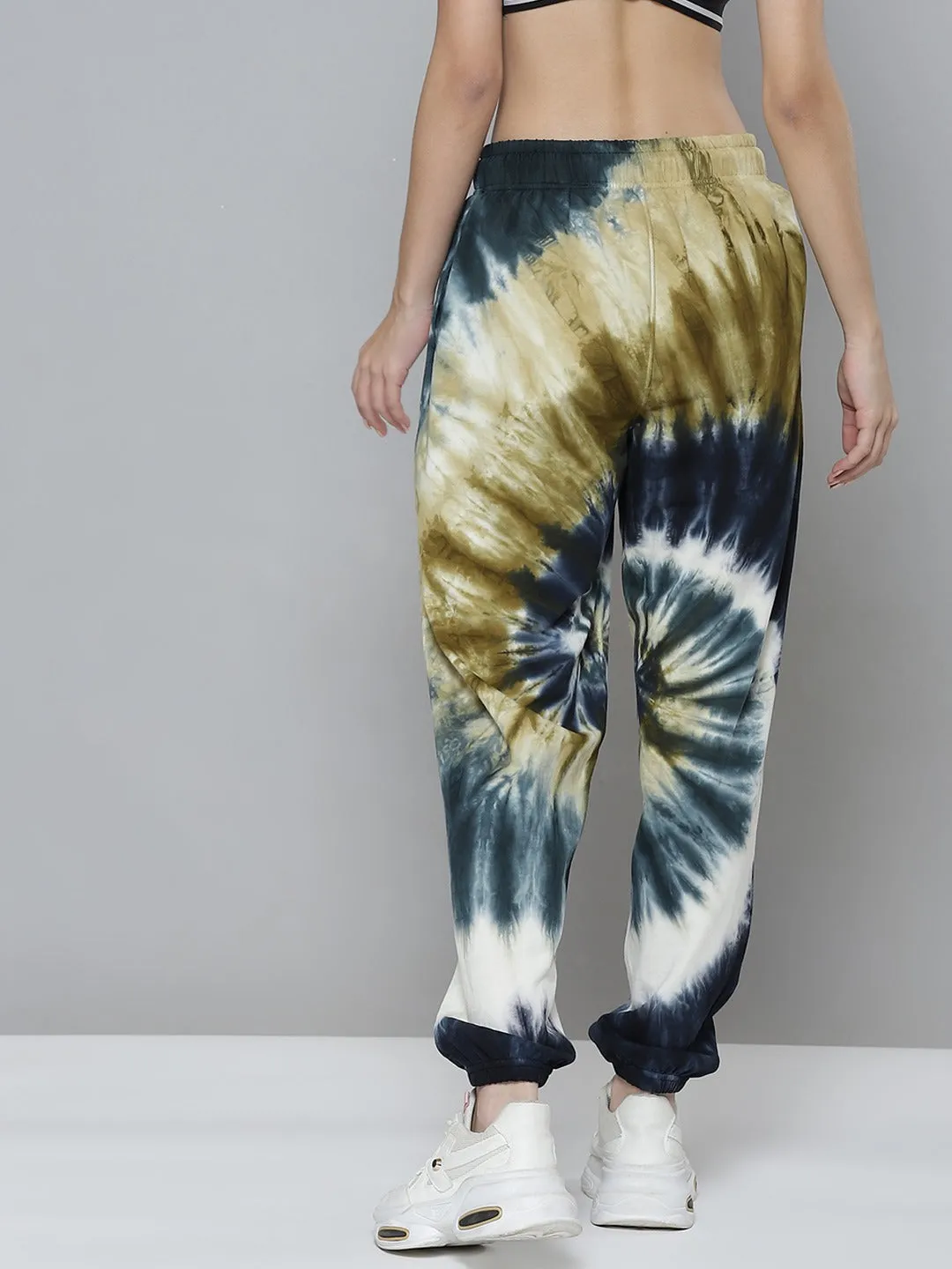 Women Navy Blue & Olive Green Tie & Dye Relaxed Joggers
