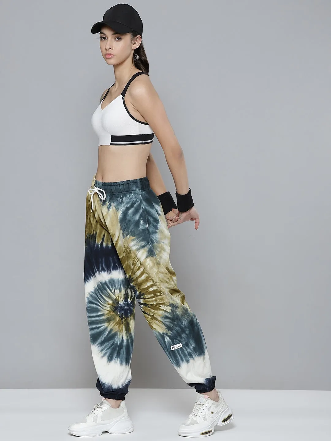 Women Navy Blue & Olive Green Tie & Dye Relaxed Joggers