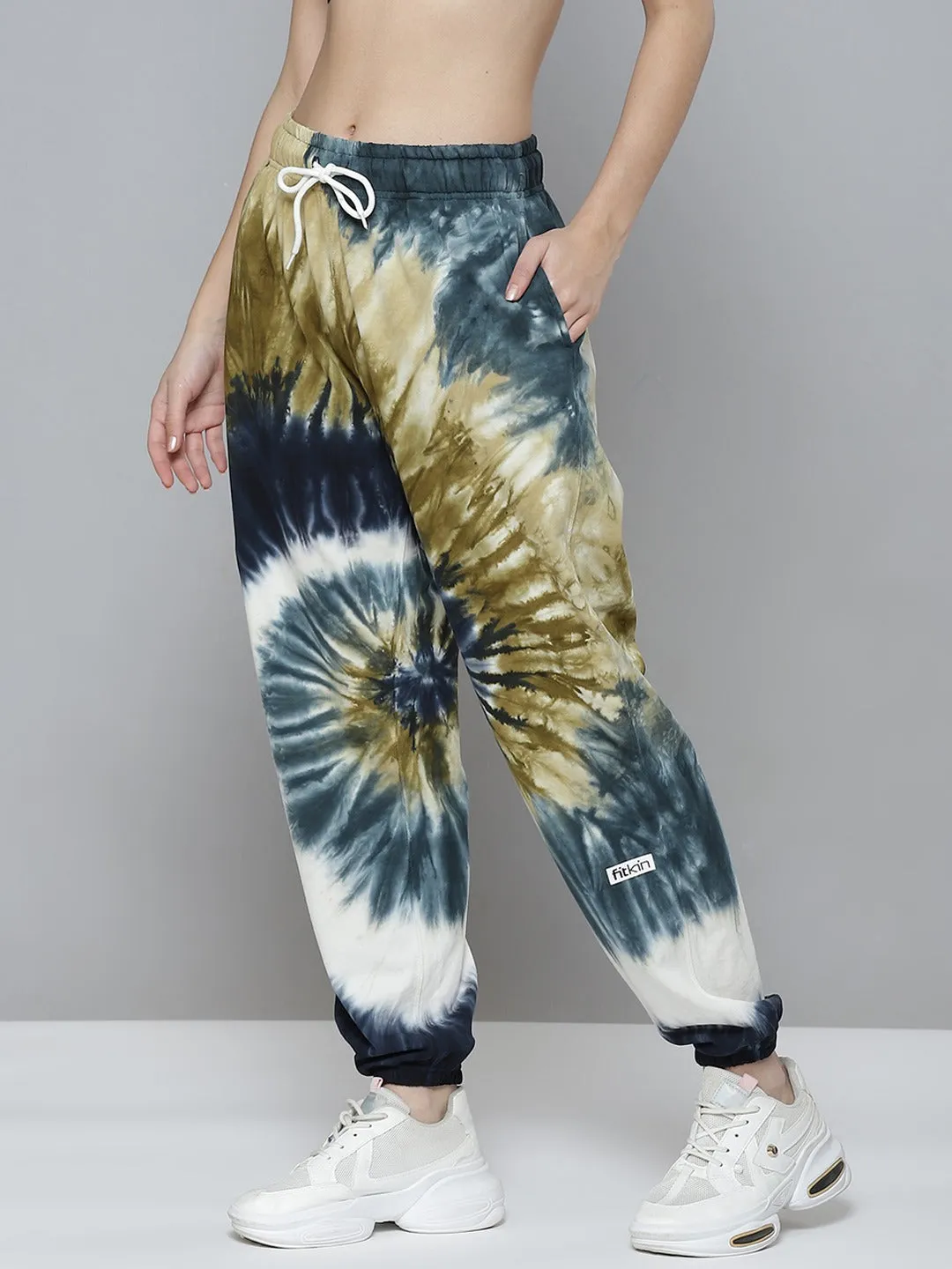 Women Navy Blue & Olive Green Tie & Dye Relaxed Joggers