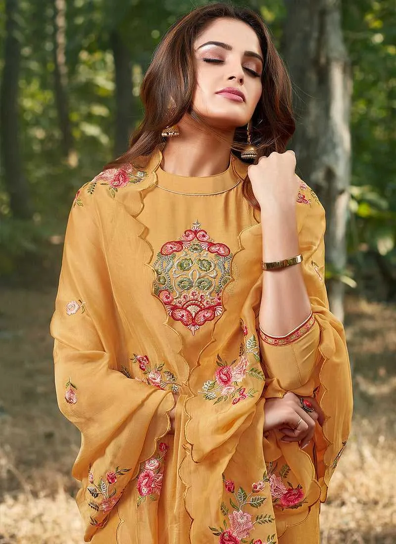 Yellow Embroidered Straight Pant Style Suit