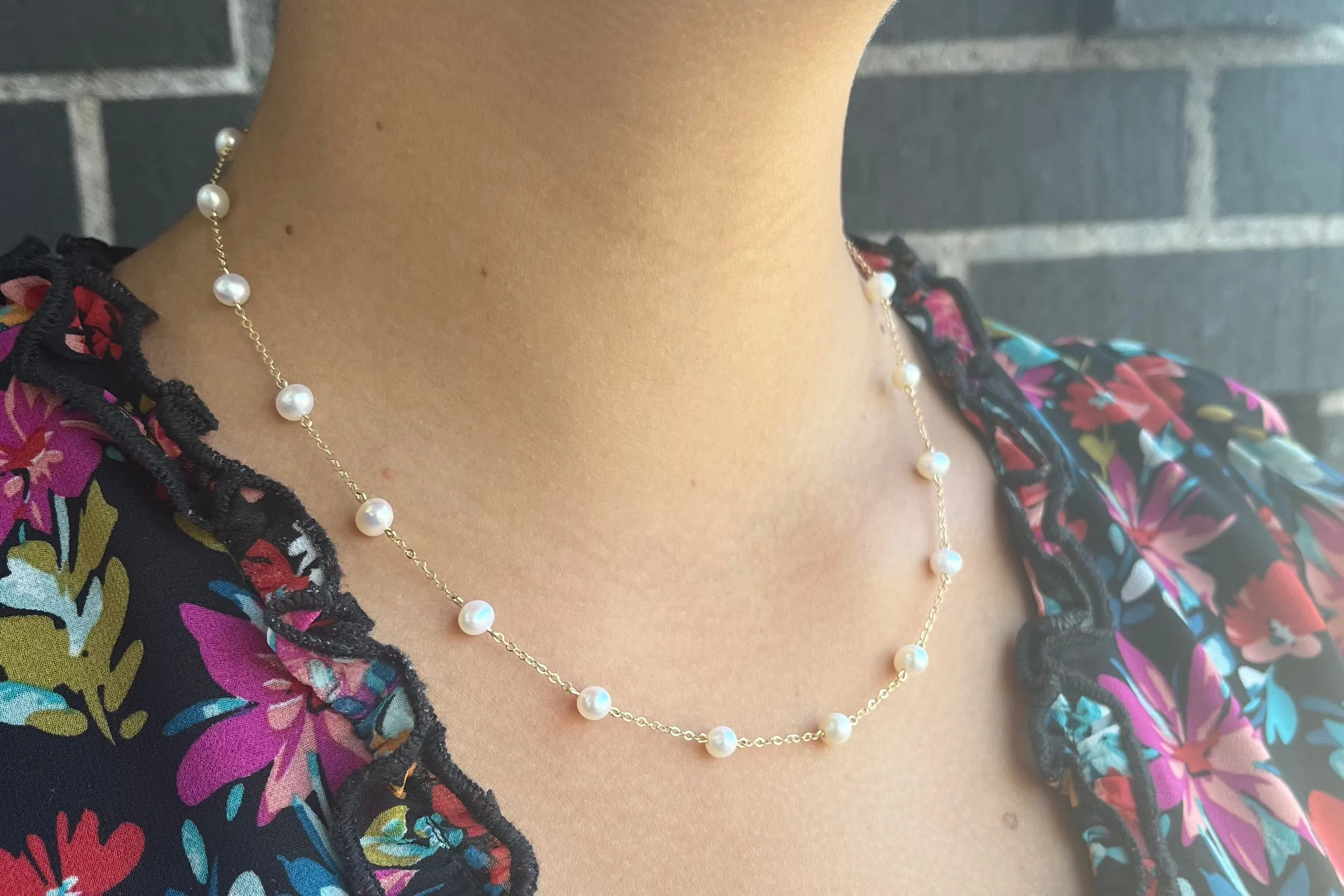 Yellow Gold Pearl Station-Necklace