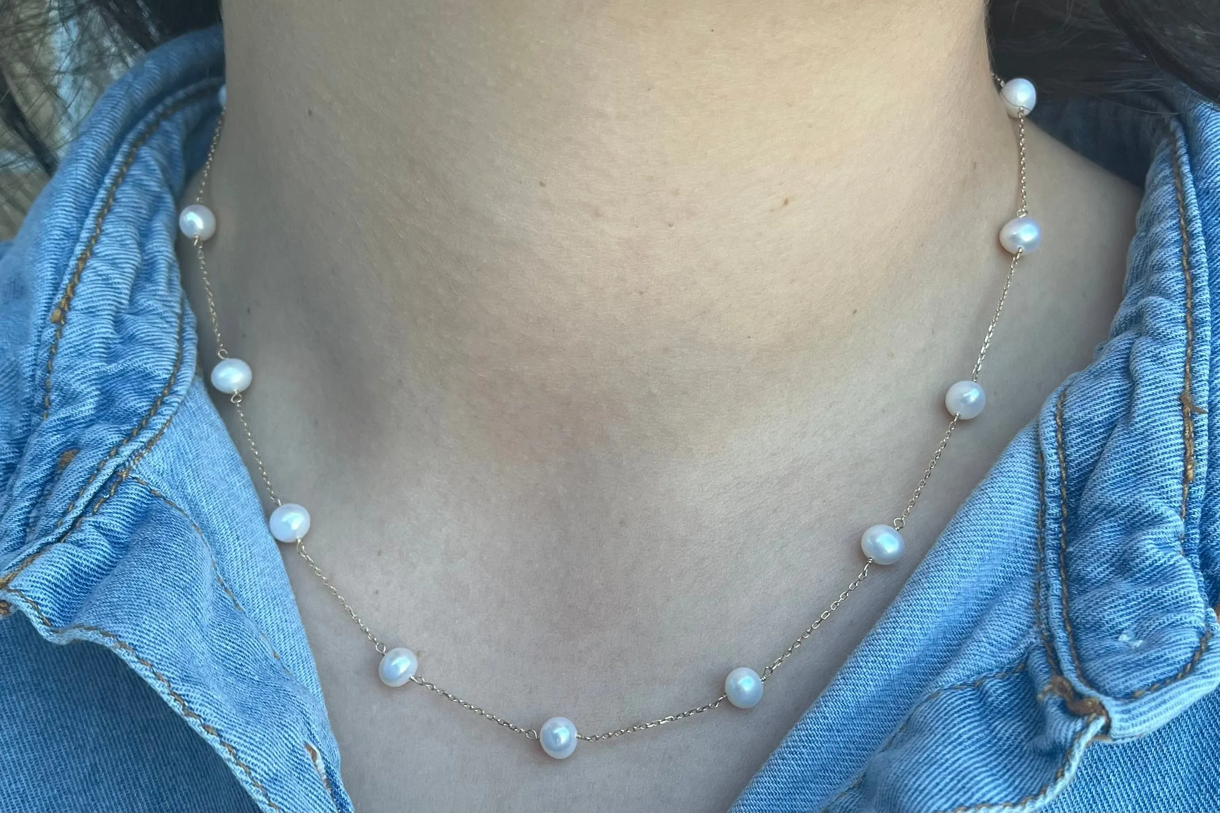 Yellow Gold Pearl Station-Necklace