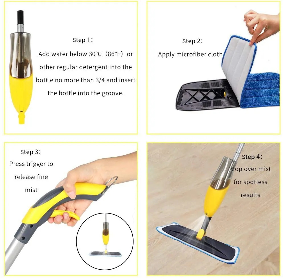 Yocada Microfiber Spray Mop with 2 Washable Mop Pad ， 600ml，yellow